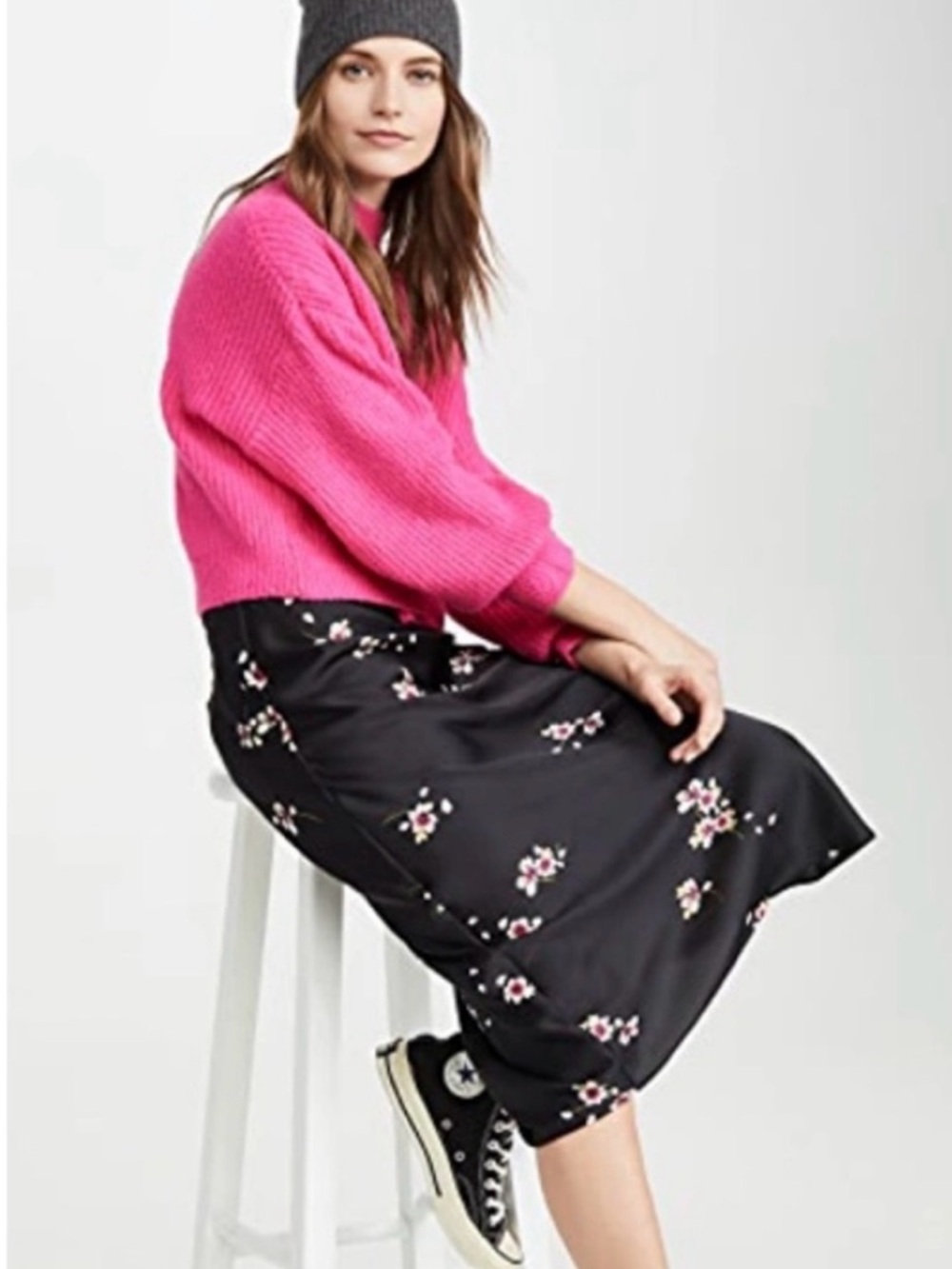 Free People Normani Bias Floral Satin Midi Skirt - Black with Pink Floral BNWOT